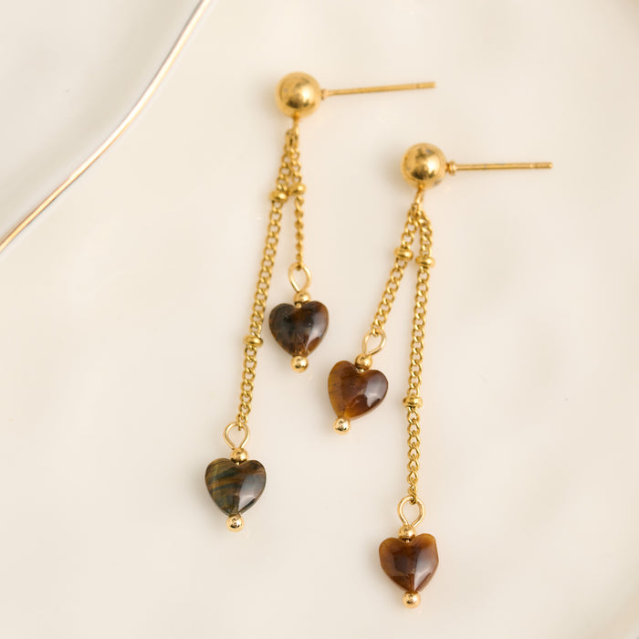 Drop Earrings Tiger Eye Hearts Waterproof Narelle Gold