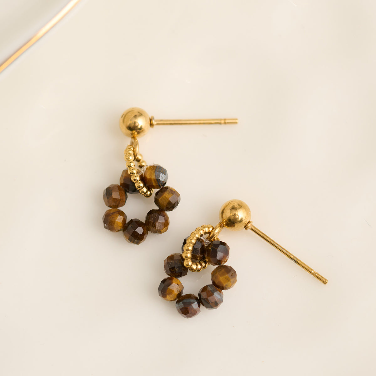 Tiger Eye Earrings Drop Beaded Waterproof Narelle Gold Post