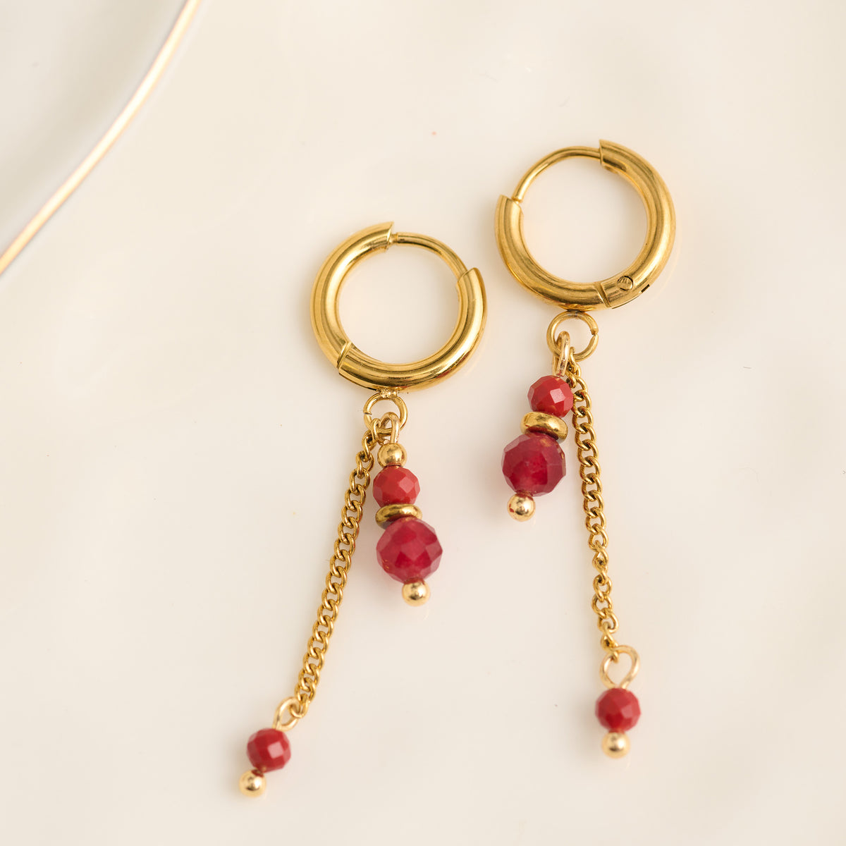 Hoop Earrings Red Agate Waterproof Narelle Gold Faceted Bead