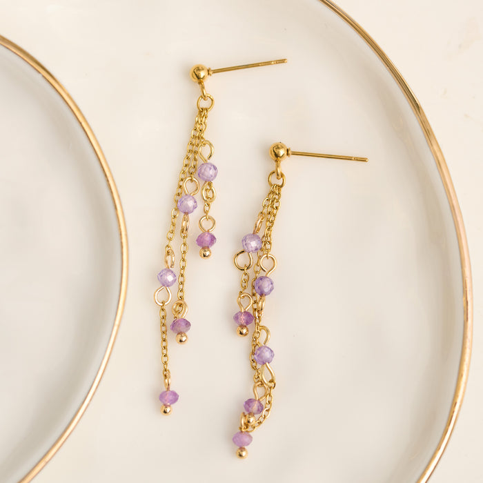 Amethyst Earrings Drop Waterproof Narelle Gold Beaded Chain