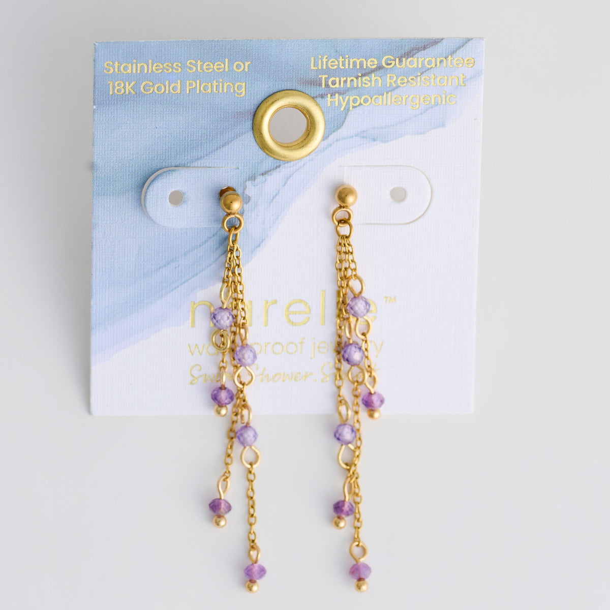 Amethyst Earrings Drop Waterproof Narelle Gold Beaded Chain