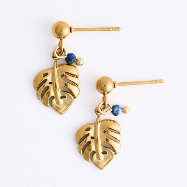 Drop Earrings Palm Leaf Lapis Stone Waterproof Narelle Gold