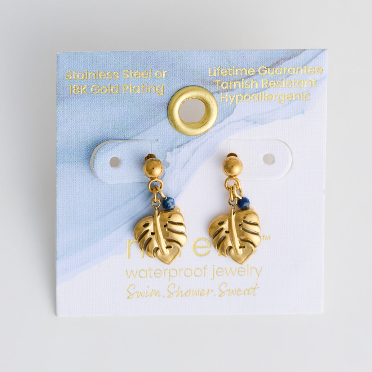 Drop Earrings Palm Leaf Lapis Stone Waterproof Narelle Gold