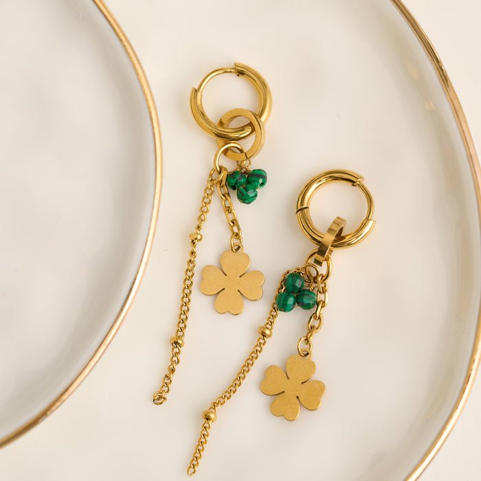 Malachite Earrings Clover Hoop Waterproof Narelle Gold