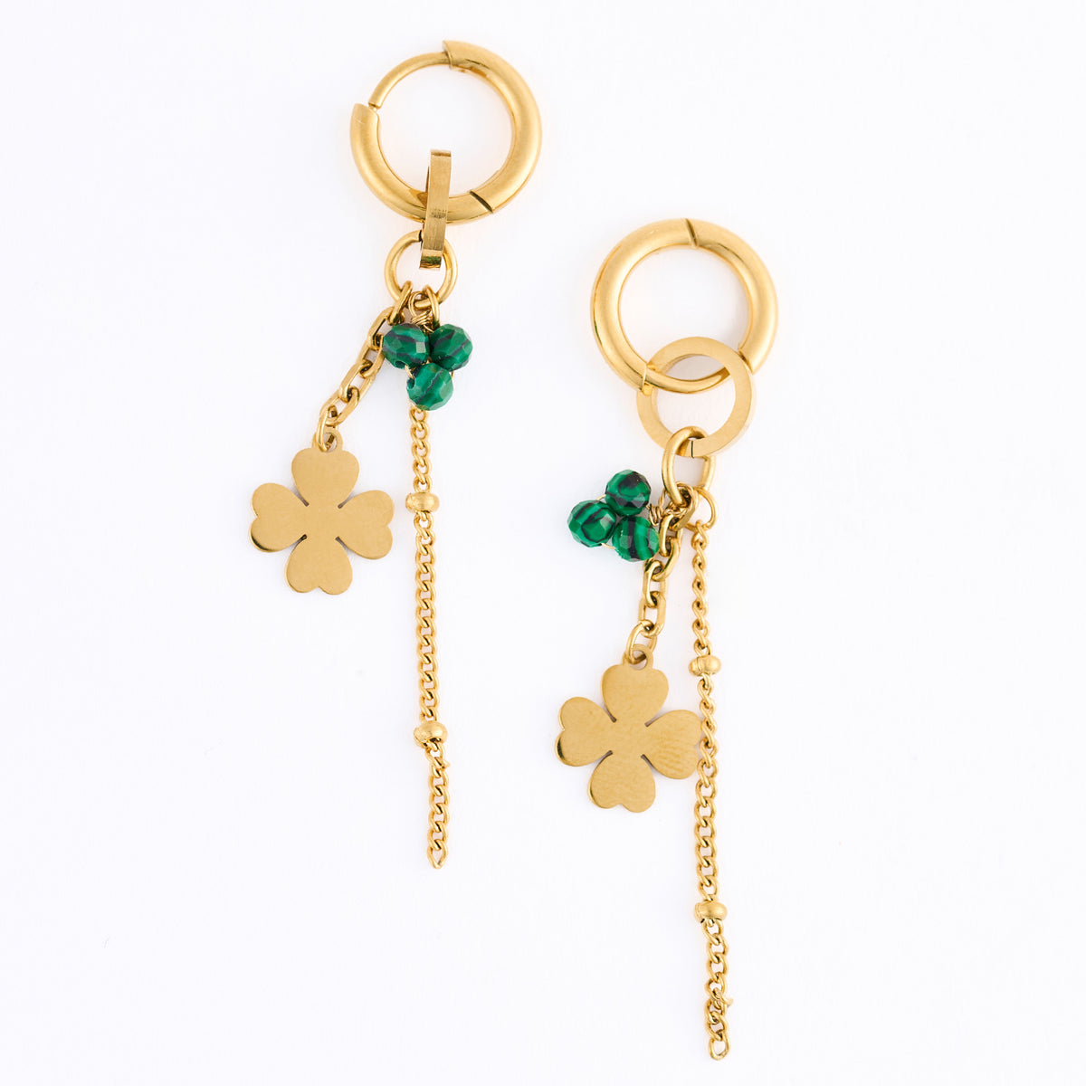Malachite Earrings Clover Hoop Waterproof Narelle Gold
