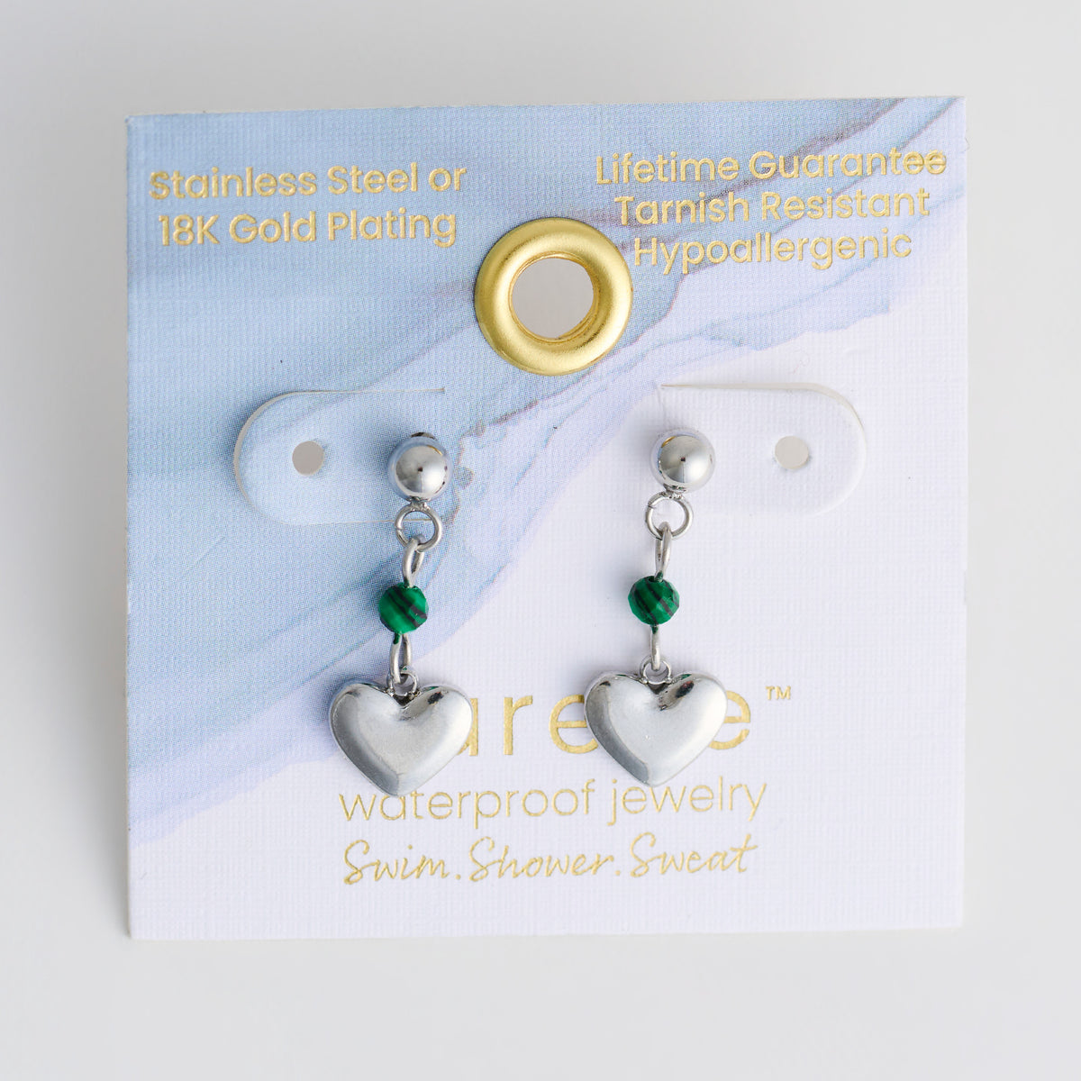 Drop Earrings Heart Malachite Waterproof Narelle Silver