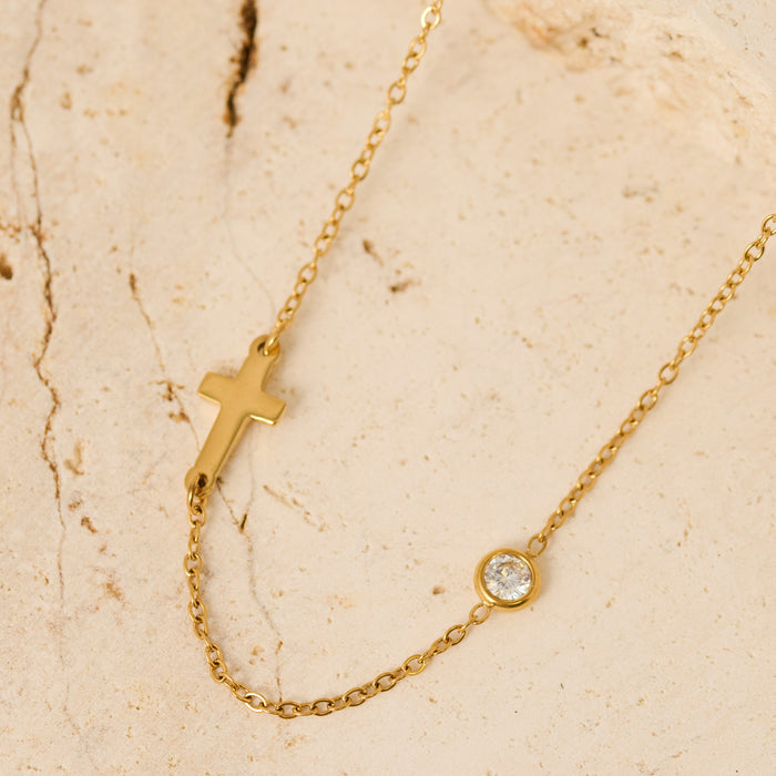 Waterproof Necklace Narelle Cross & CZ 16" Dainty Chain
