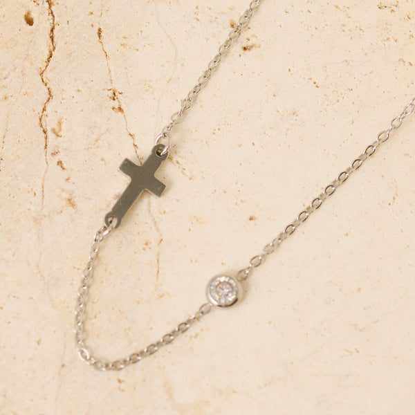 Waterproof Necklace Narelle Cross & CZ 16" Dainty Chain