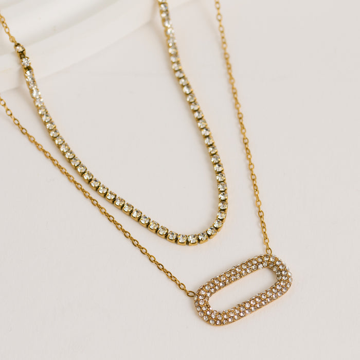 Waterproof Necklace Narelle 16" Layered Pavé Oval Pendant