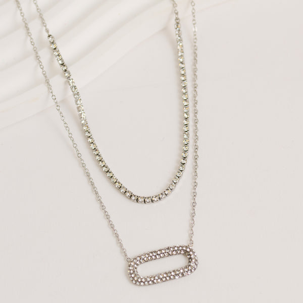 Waterproof Necklace Narelle 16" Layered Pavé Oval Pendant