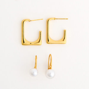 Waterproof Earrings Narelle Rectangle Hoop & Pearl Drop Duo