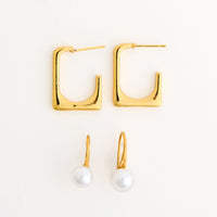 Waterproof Earrings Narelle Rectangle Hoop & Pearl Drop Duo