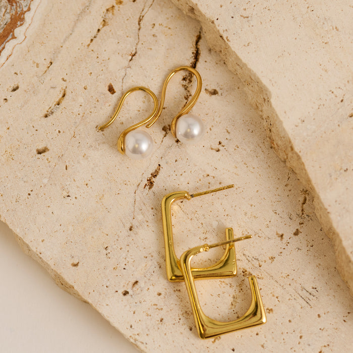 Waterproof Earrings Narelle Rectangle Hoop & Pearl Drop Duo