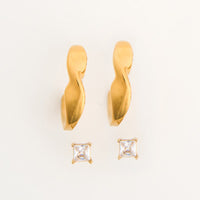 Waterproof Earrings Narelle Twisted C-Hoop & Square CZ Set