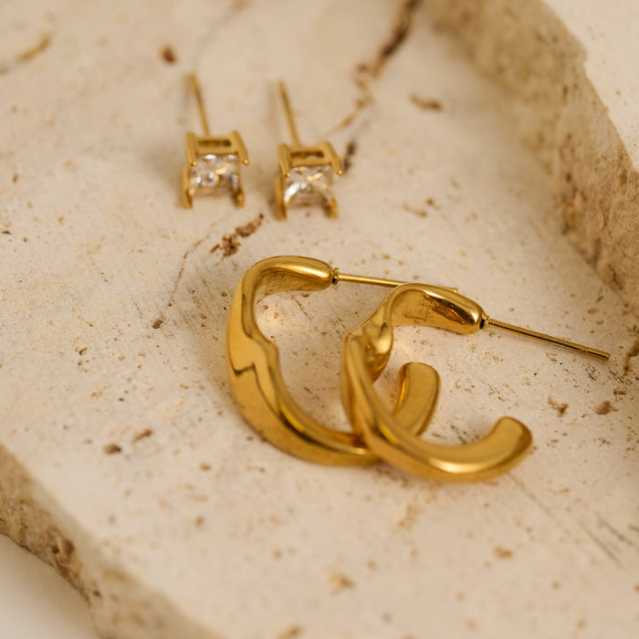Waterproof Earrings Narelle Twisted C-Hoop & Square CZ Set