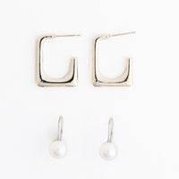 Waterproof Earrings Narelle Rectangle Hoop & Pearl Drop Duo