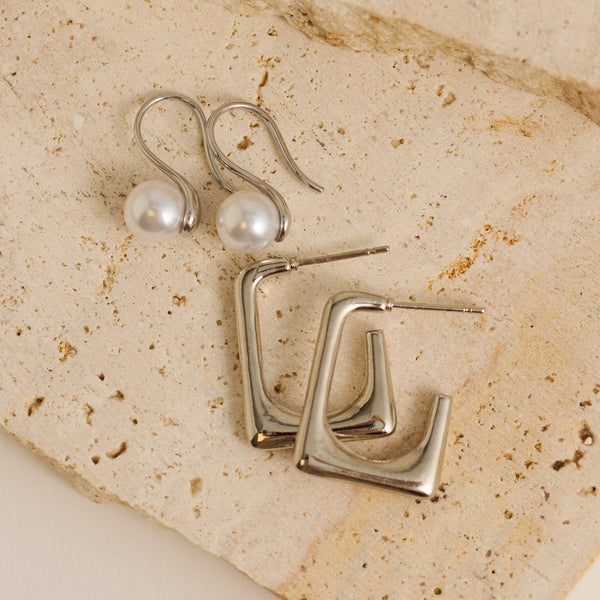 Waterproof Earrings Narelle Rectangle Hoop & Pearl Drop Duo