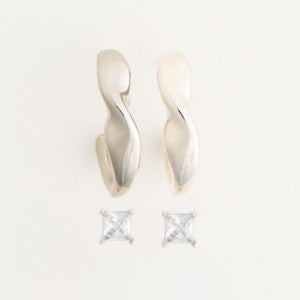 Waterproof Earrings Narelle Twisted C-Hoop & Square CZ Set