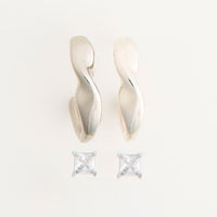 Waterproof Earrings Narelle Twisted C-Hoop & Square CZ Set