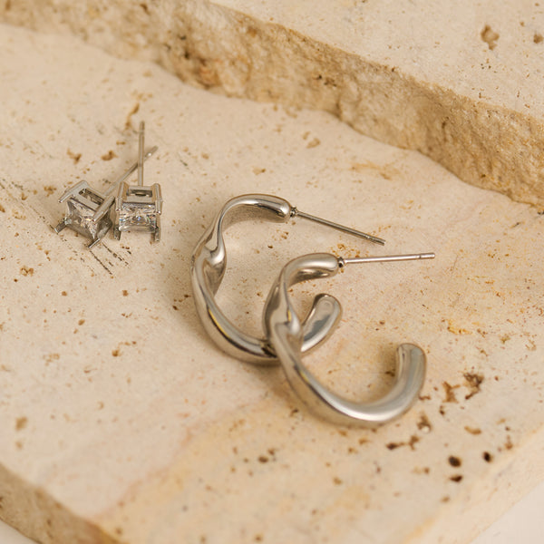 Waterproof Earrings Narelle Twisted C-Hoop & Square CZ Set