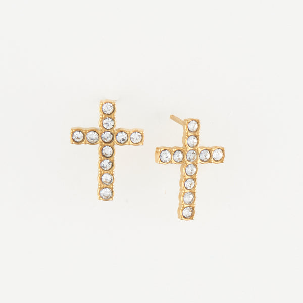 Waterproof Earrings Pave Cross Stud Gold & Steel Narelle