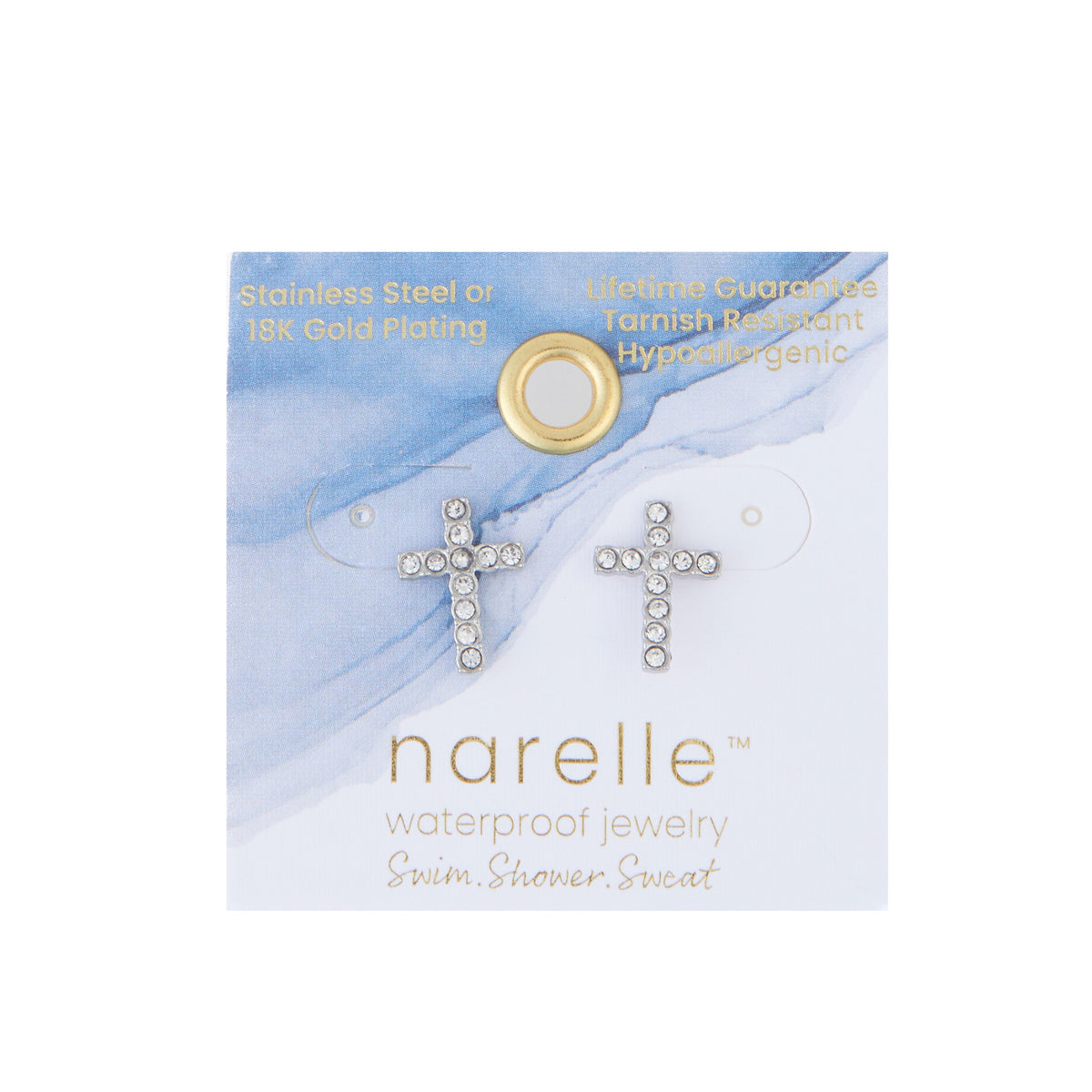 Waterproof Earrings Pave Cross Stud Gold & Steel Narelle