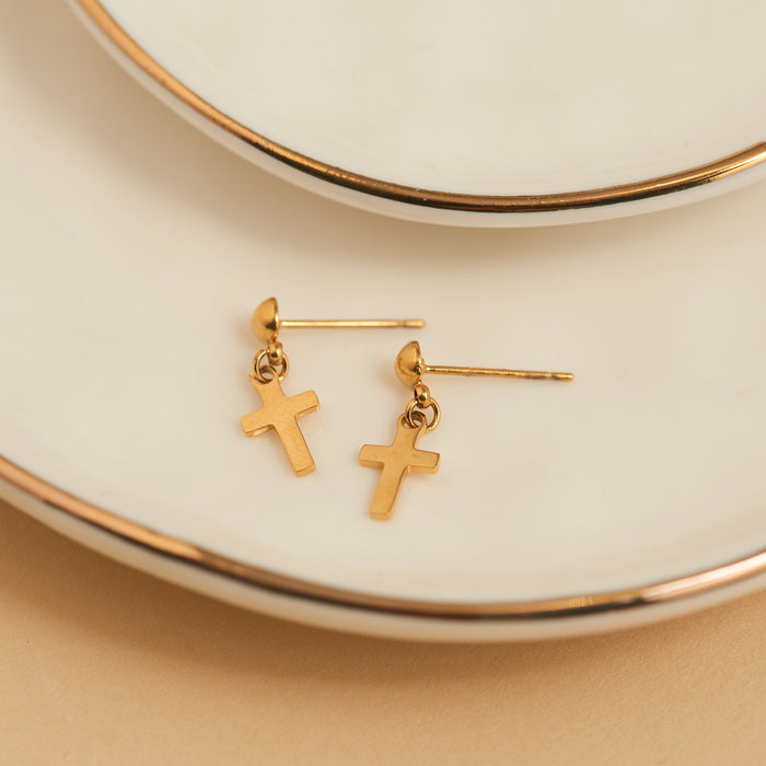 Waterproof Earrings Narelle Dangle Cross in Gold & Steel