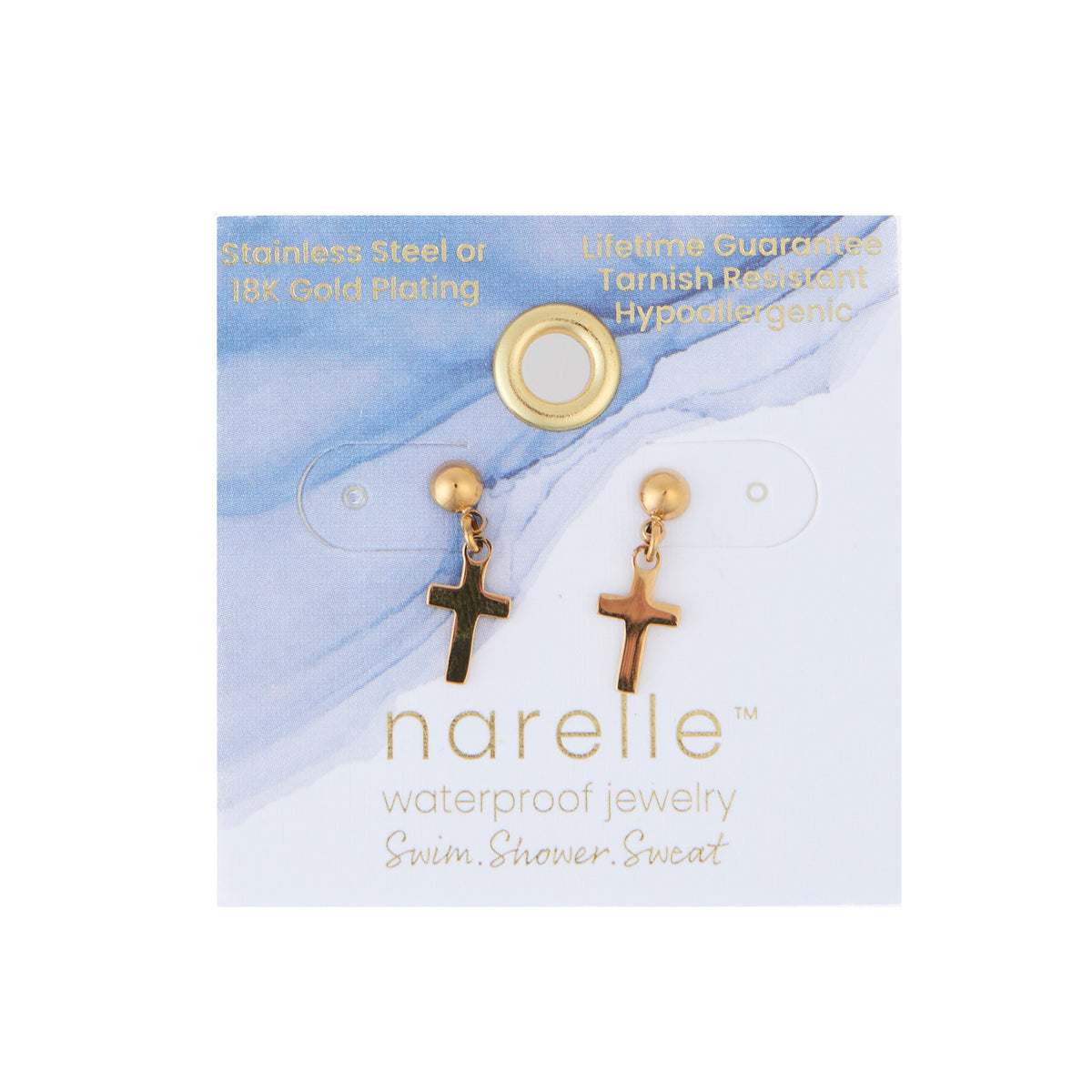Waterproof Earrings Narelle Dangle Cross in Gold & Steel