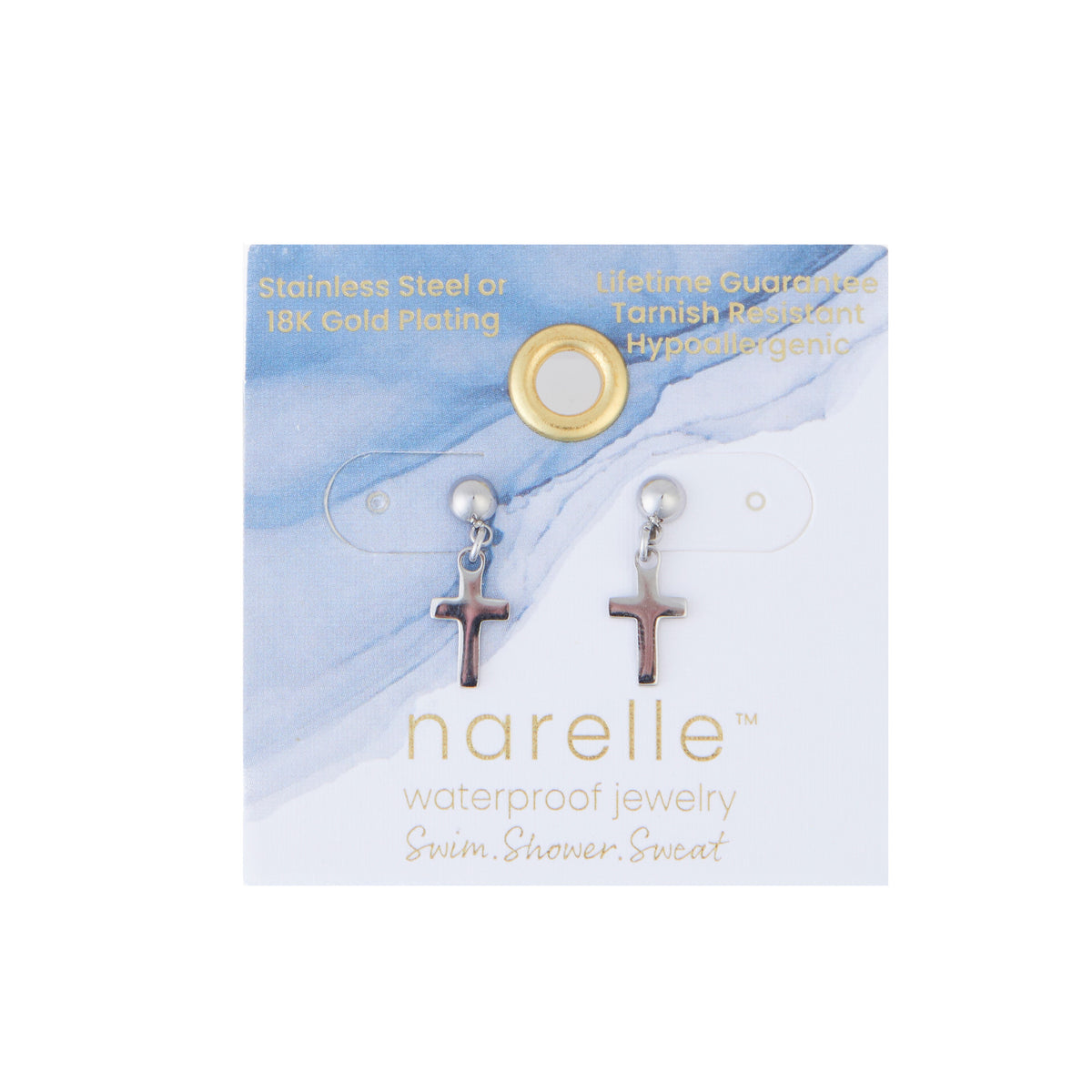 Waterproof Earrings Narelle Dangle Cross in Gold & Steel