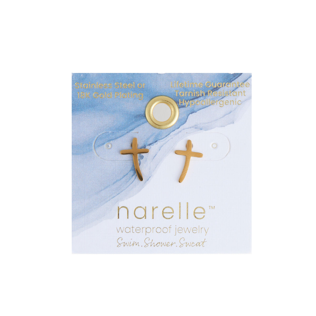 Waterproof Earrings Narelle Cross Studs in Gold & Stainless Steel