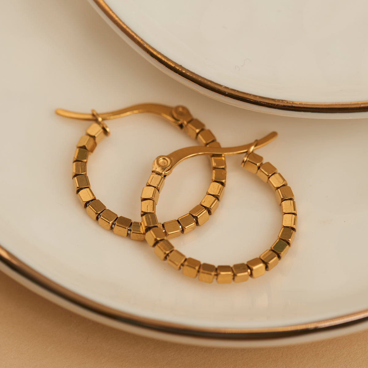 Waterproof Earrings Narelle Square Beaded Hoop in Gold & Steel