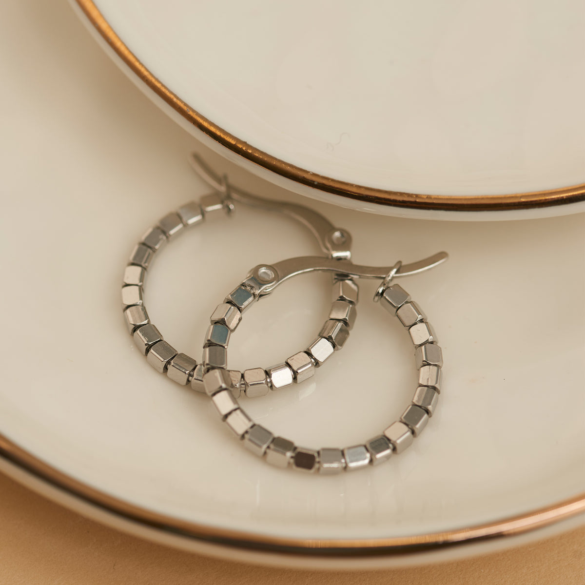 Waterproof Earrings Narelle Square Beaded Hoop in Gold & Steel