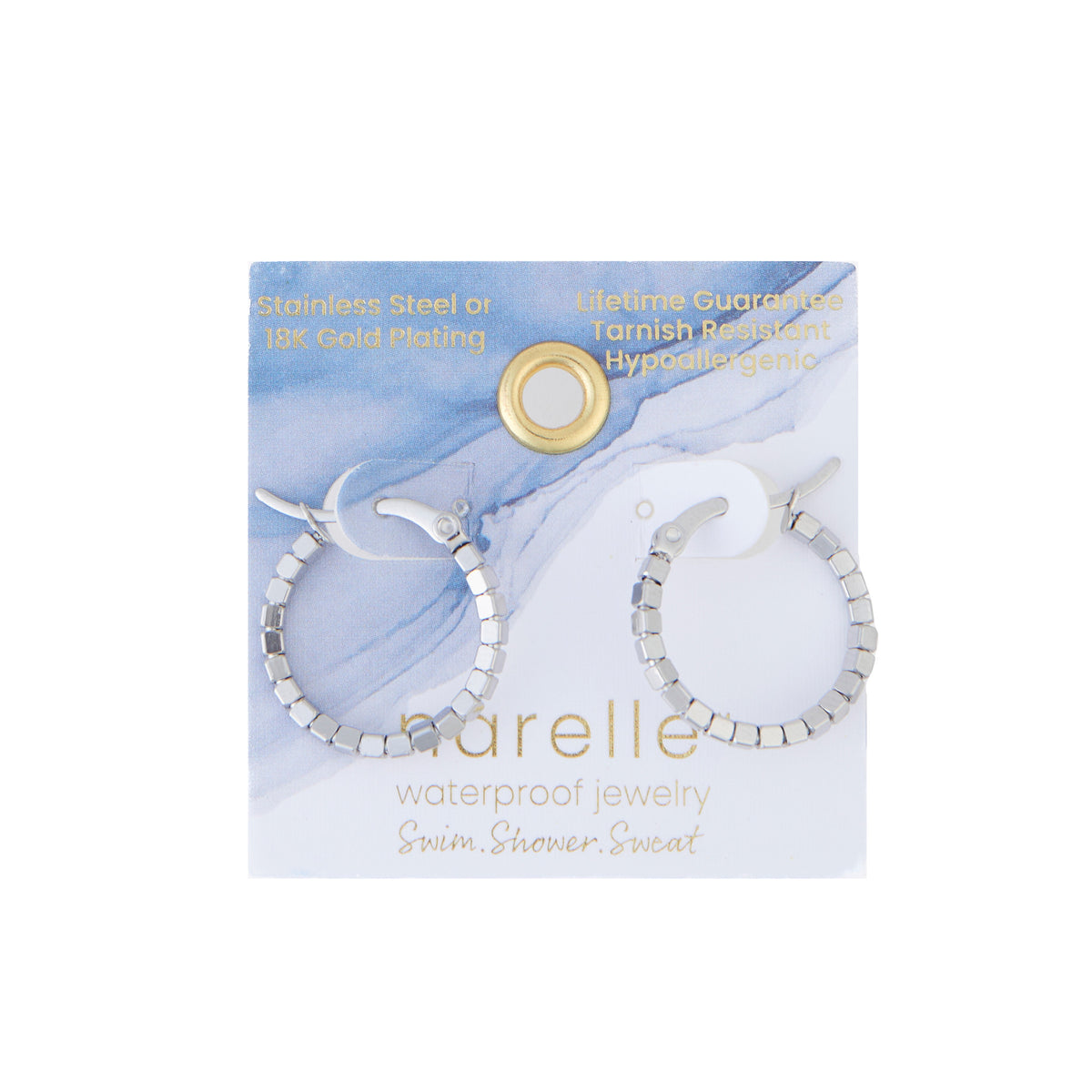 Waterproof Earrings Narelle Square Beaded Hoop in Gold & Steel
