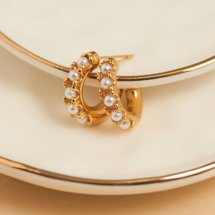 Waterproof Earrings Narelle Pearl C-Hoop Gold & Steel