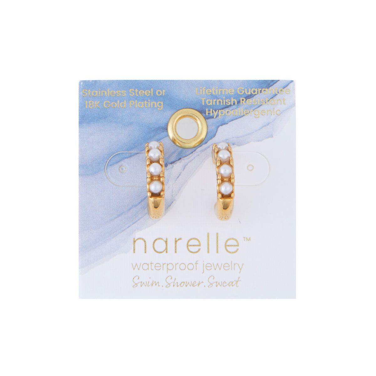 Waterproof Earrings Narelle Pearl C-Hoop Gold & Steel