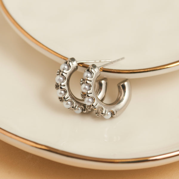 Waterproof Earrings Narelle Pearl C-Hoop Gold & Steel