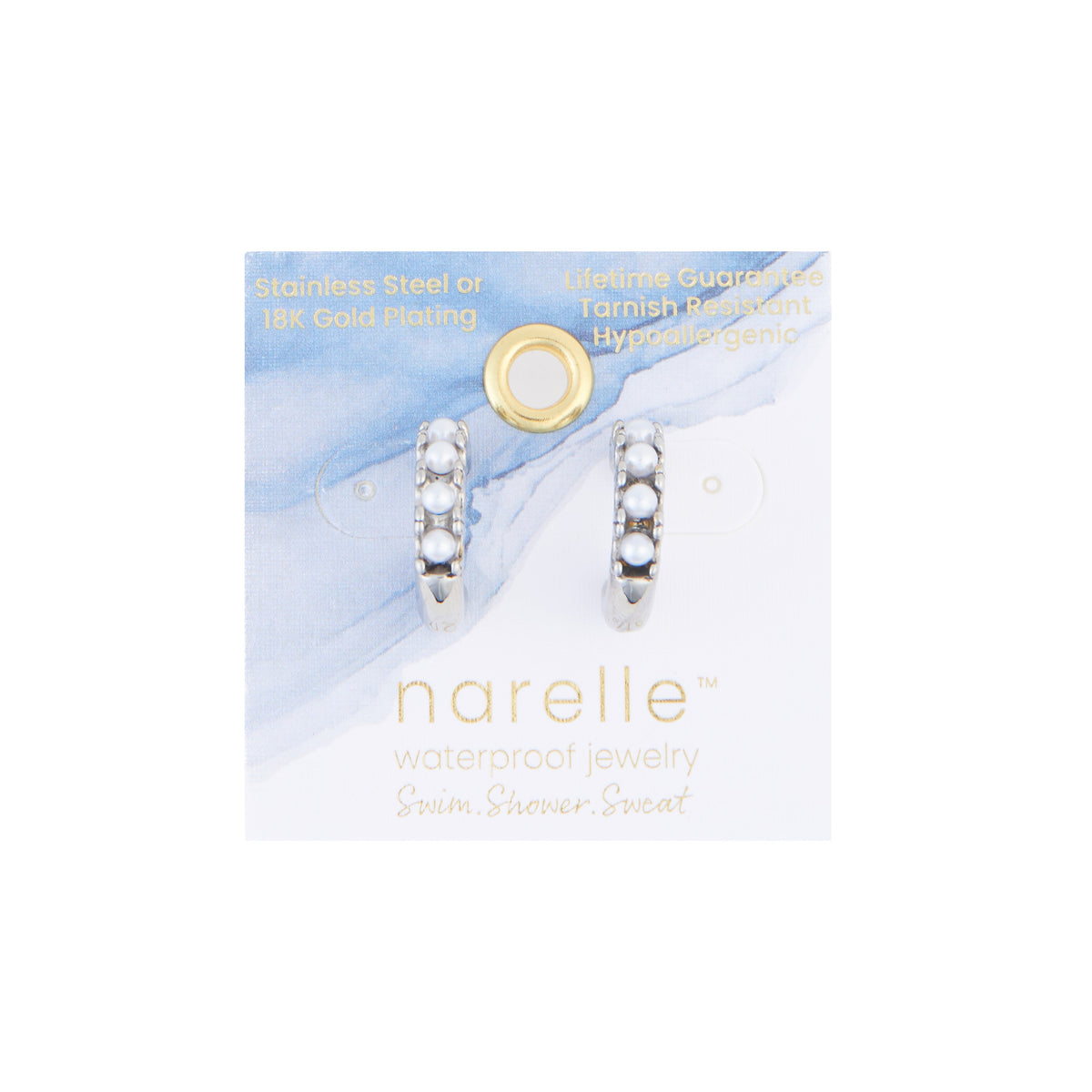 Waterproof Earrings Narelle Pearl C-Hoop Gold & Steel