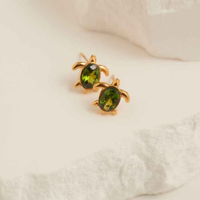 Waterproof Earrings Narelle Turtle Studs Green Cubic Zirconia
