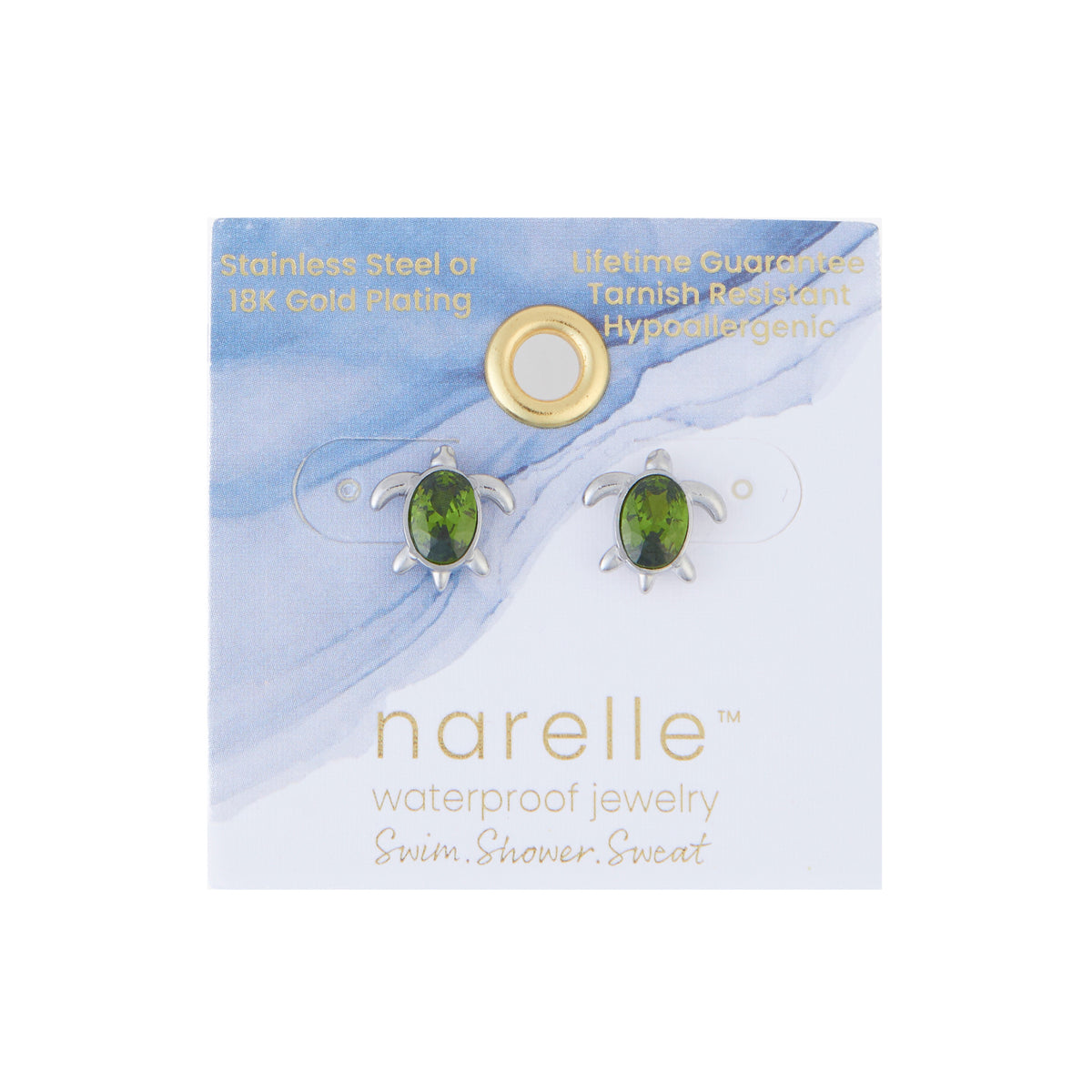 Waterproof Earrings Narelle Turtle Studs Green Cubic Zirconia