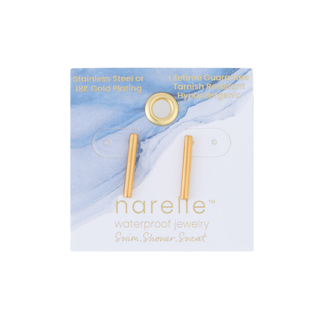 Waterproof Earrings 18mm Narelle Bar Studs in Gold & Steel