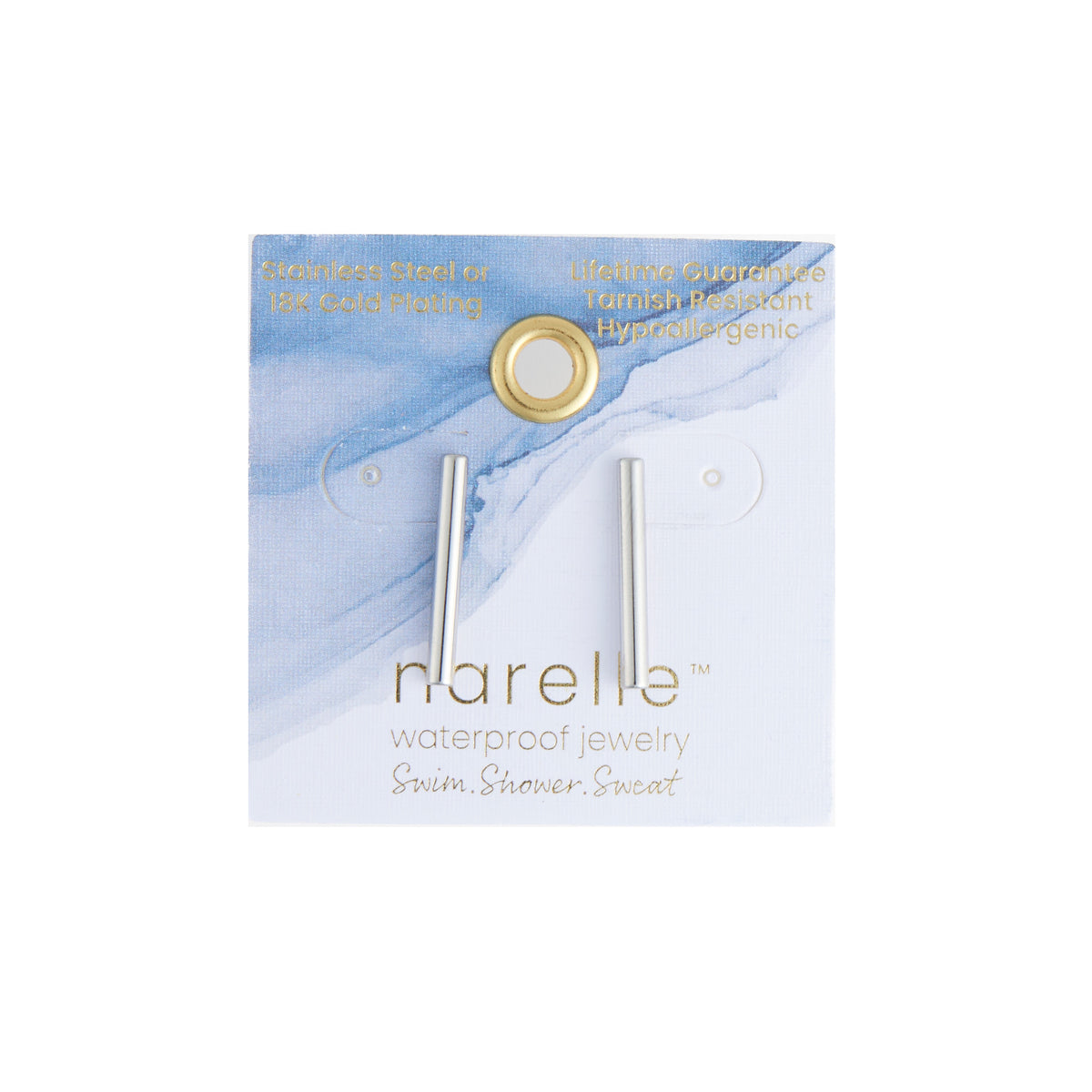 Waterproof Earrings 18mm Narelle Bar Studs in Gold & Steel