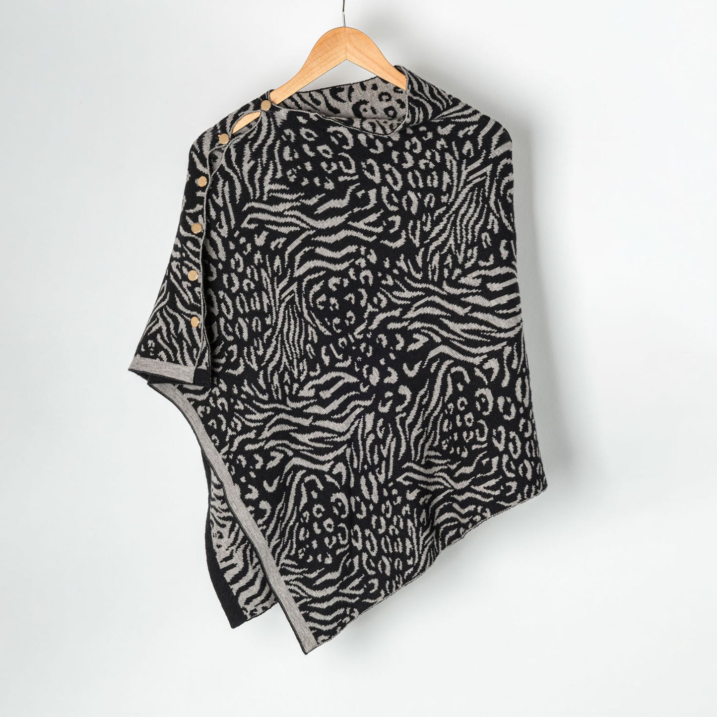 Animal Print Reversible Poncho with Gold Button Accents