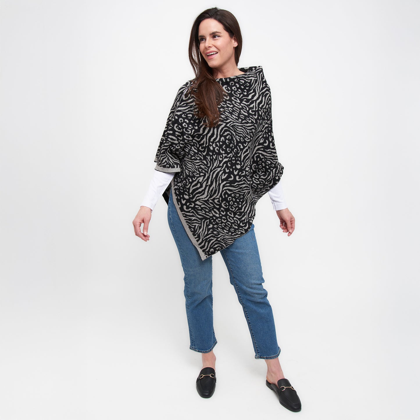Animal Print Reversible Poncho with Gold Button Accents