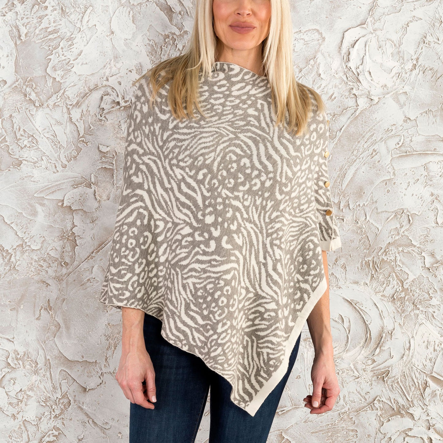 Animal Print Reversible Poncho with Gold Button Accents