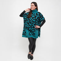 Teal Leopard Turtleneck Poncho With Patch Pockets