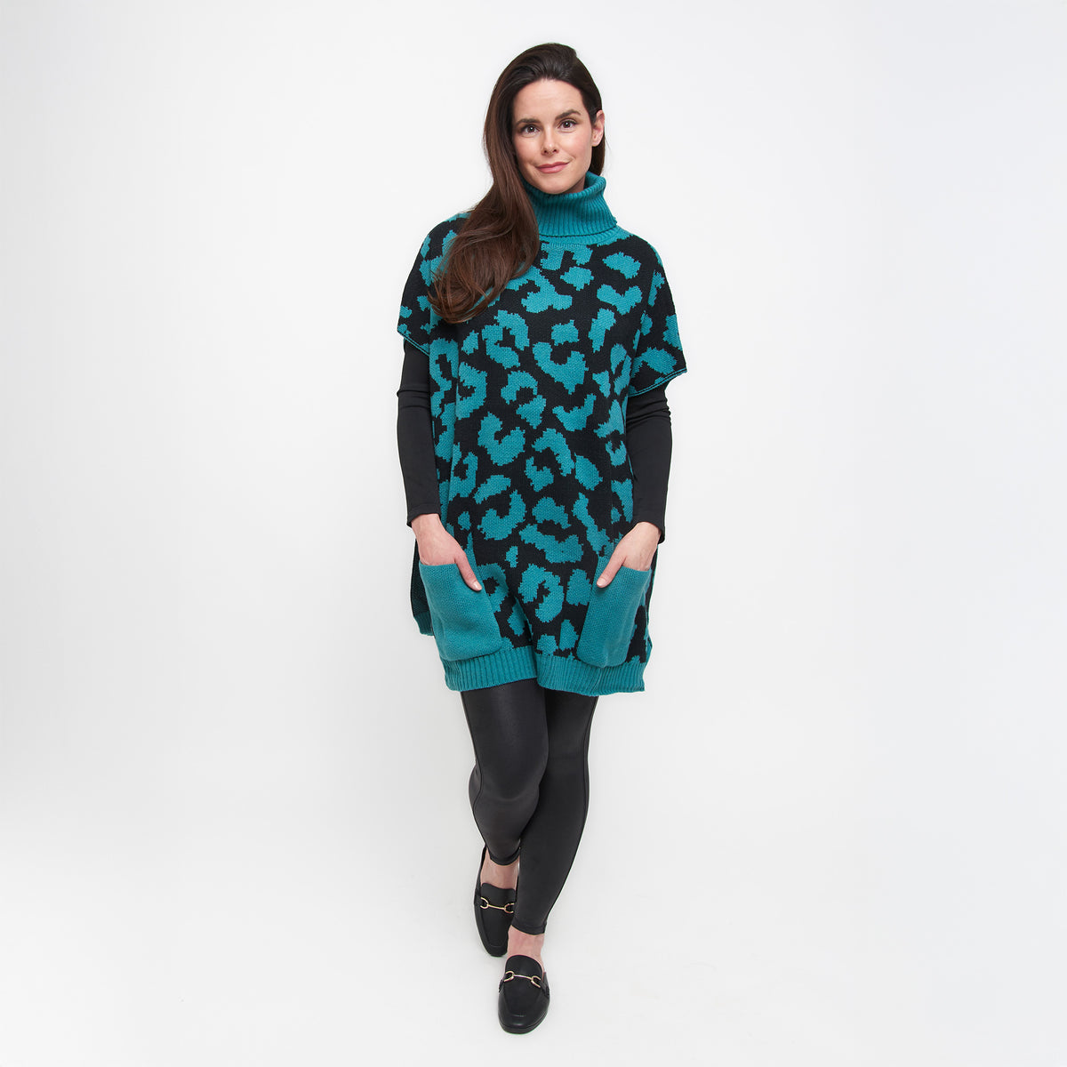 Teal Leopard Turtleneck Poncho With Patch Pockets