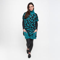 Teal Leopard Turtleneck Poncho With Patch Pockets
