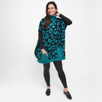 Teal Leopard Turtleneck Poncho With Patch Pockets