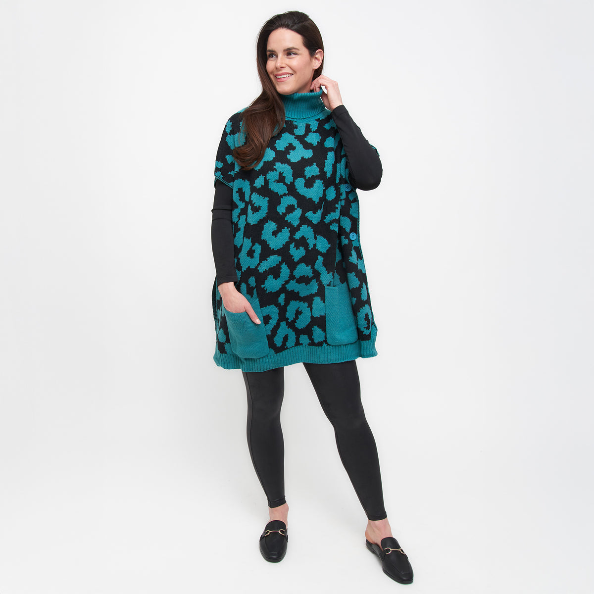 Teal Leopard Turtleneck Poncho With Patch Pockets