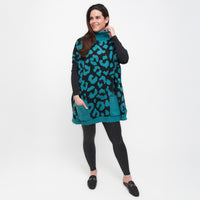 Teal Leopard Turtleneck Poncho With Patch Pockets